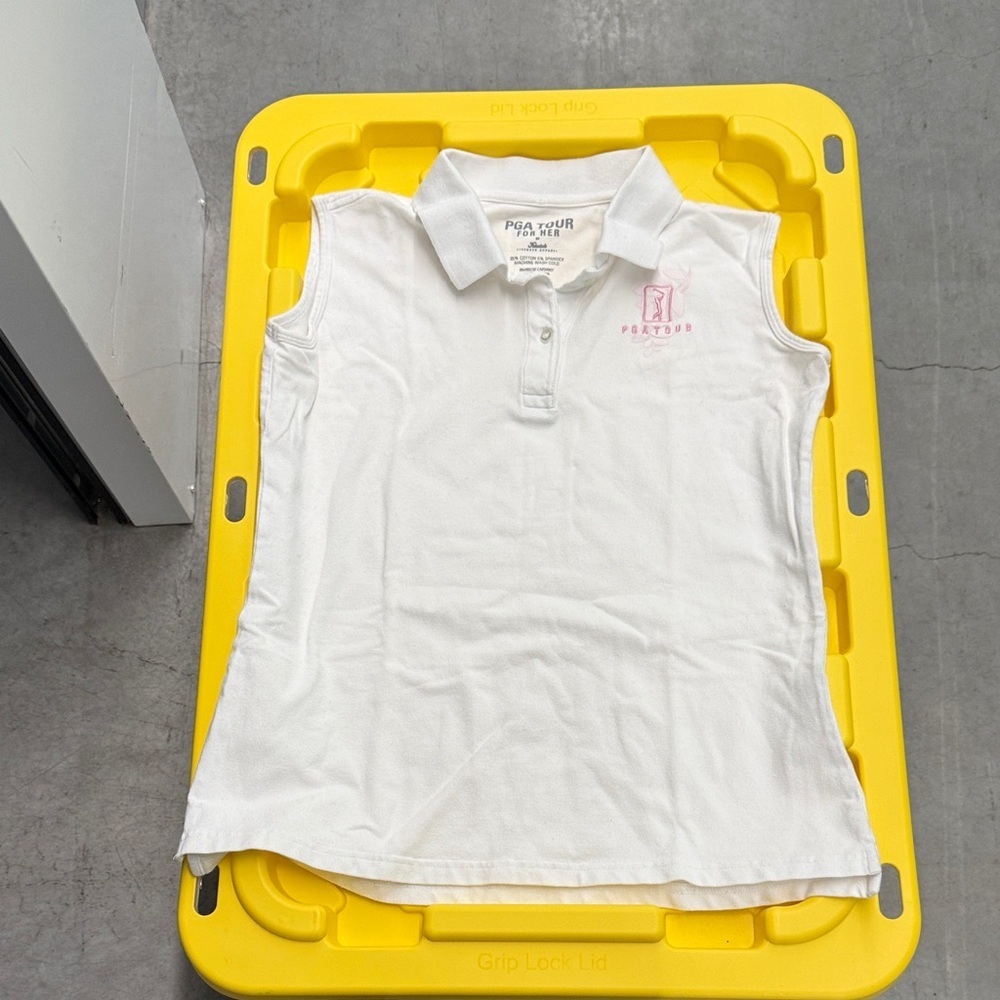 PGA Tour Women's White Sleeveless Polo with Pink Logo